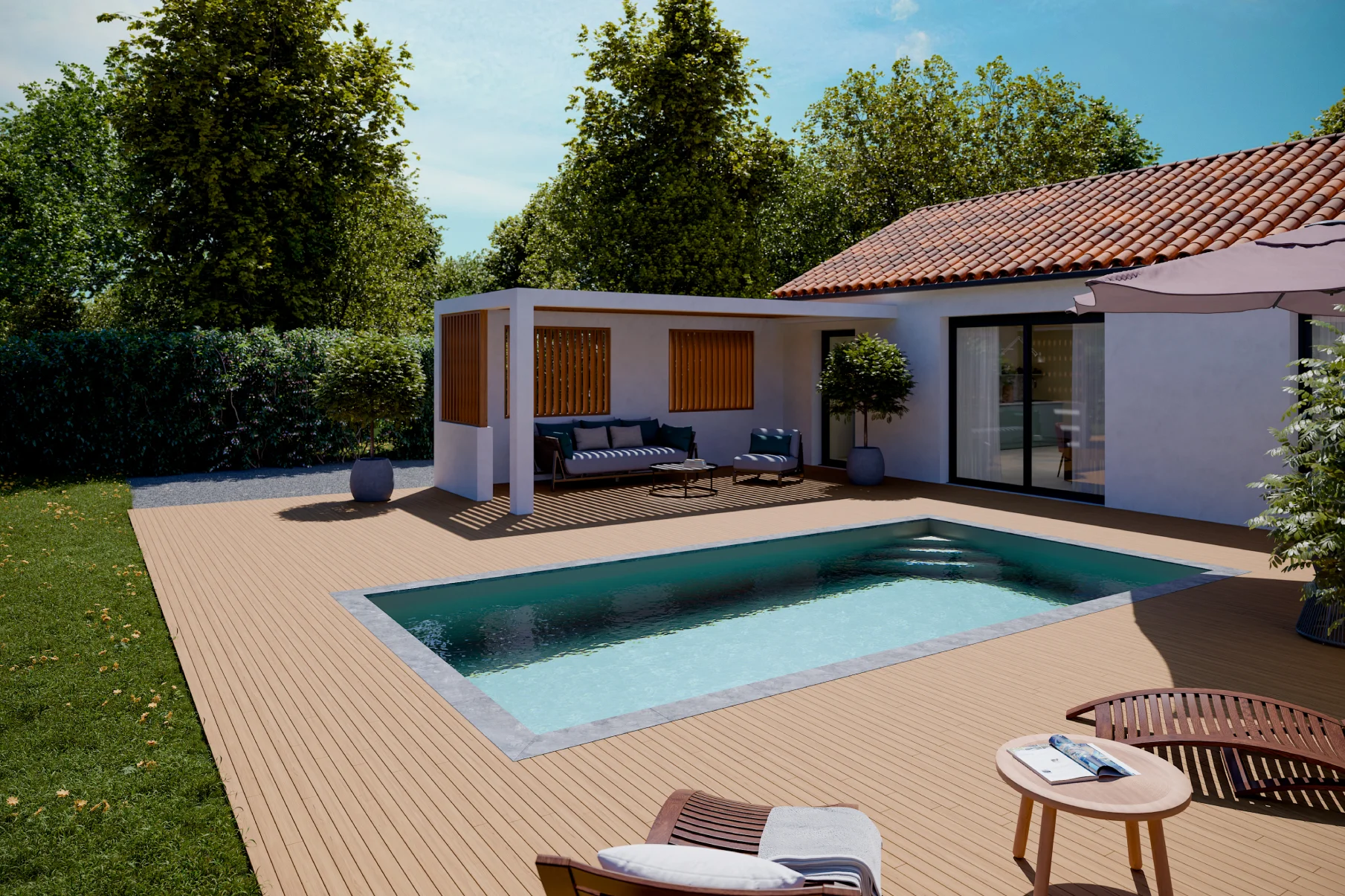 Piscine Quickly avec escaliers intégrée dans un jardin paysager